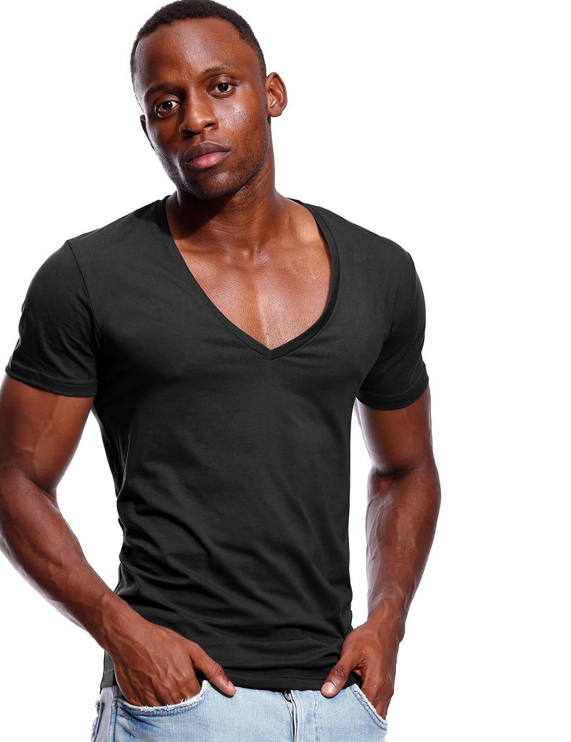 Zbrandy Deep V Neck T Shirt for Men Low Cut Vneck Tee Invisible Tshirt Vee Top Black S - Image 1